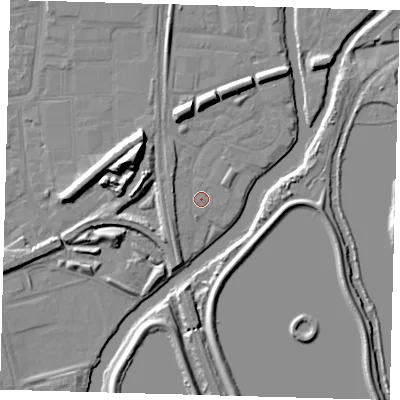 Shaded relief map of the ground around N179PQ, computed from Environment Agency LiDAR. The ground here sits at about 8 m above sea level and falls 14 m across the surrounding 800 m. The ground contributing surface water to this point lies to the north-east.