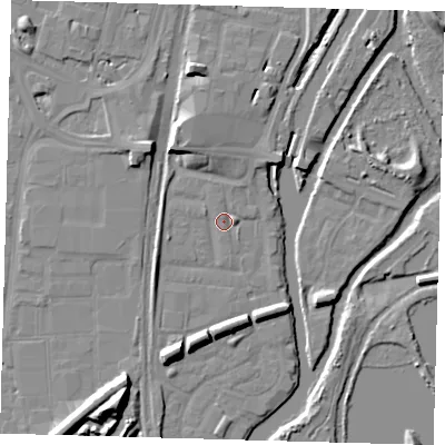 Shaded relief map of the ground around N179PR, computed from Environment Agency LiDAR. The ground here sits at about 8 m above sea level and falls 14 m across the surrounding 800 m. Surface water reaching this point runs off ground lying to the south-south-west, 12.7 m higher.