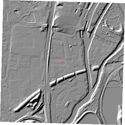 Shaded relief map of the ground around N179PS, computed from Environment Agency LiDAR. The ground here sits at about 8 m above sea level and falls 14 m across the surrounding 800 m. Surface water reaching this point runs off ground lying to the west, 3.1 m higher.