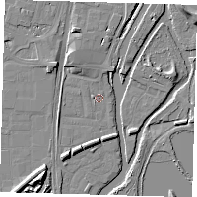 Shaded relief map of the ground around N179PT, computed from Environment Agency LiDAR. The ground here sits at about 8 m above sea level and falls 14 m across the surrounding 800 m. Surface water reaching this point runs off ground lying to the north-north-east, 2.9 m higher.