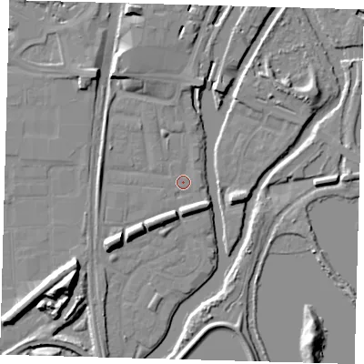 Shaded relief map of the ground around N179PU, computed from Environment Agency LiDAR. The ground here sits at about 8 m above sea level and falls 14 m across the surrounding 800 m. Surface water reaching this point runs off ground lying to the south-west, 6.7 m higher.