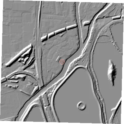 Shaded relief map of the ground around N179PW, computed from Environment Agency LiDAR. The ground here sits at about 8 m above sea level and falls 14 m across the surrounding 800 m. Surface water reaching this point runs off ground lying to the north-west, 8.3 m higher.