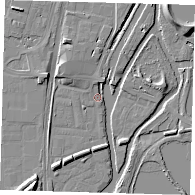 Shaded relief map of the ground around N179PX, computed from Environment Agency LiDAR. The ground here sits at about 8 m above sea level and falls 14 m across the surrounding 800 m. Surface water reaching this point runs off ground lying to the south-south-west, 8.3 m higher.