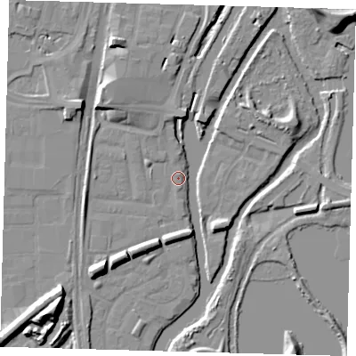 Shaded relief map of the ground around N179PY, computed from Environment Agency LiDAR. The ground here sits at about 8 m above sea level and falls 14 m across the surrounding 800 m. Surface water reaching this point runs off ground lying to the south-west, 13.8 m higher.