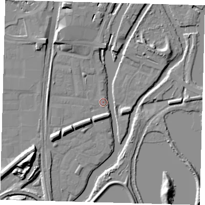 Shaded relief map of the ground around N179PZ, computed from Environment Agency LiDAR. The ground here sits at about 8 m above sea level and falls 14 m across the surrounding 800 m. Surface water reaching this point runs off ground lying to the south-west, 8.3 m higher.