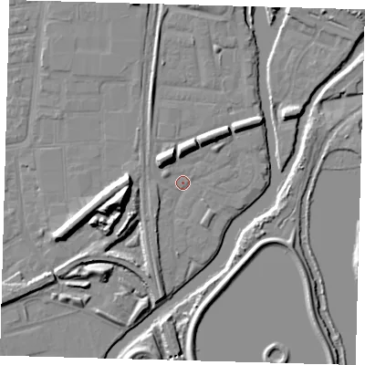 Shaded relief map of the ground around N179QA, computed from Environment Agency LiDAR. The ground here sits at about 8 m above sea level and falls 14 m across the surrounding 800 m. Surface water reaching this point runs off ground lying to the north-west, 6.7 m higher.