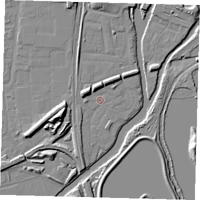 Shaded relief map of the ground around N179QB, computed from Environment Agency LiDAR. The ground here sits at about 8 m above sea level and falls 14 m across the surrounding 800 m. Surface water reaching this point runs off ground lying to the west-north-west, 6.7 m higher.