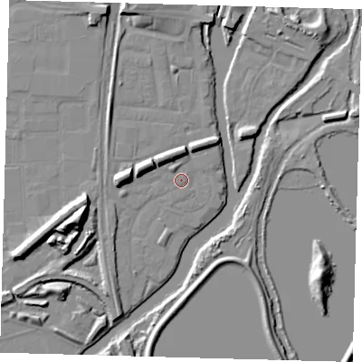 Shaded relief map of the ground around N179QD, computed from Environment Agency LiDAR. The ground here sits at about 8 m above sea level and falls 14 m across the surrounding 800 m. Surface water reaching this point runs off ground lying to the north-east, 0.8 m higher.