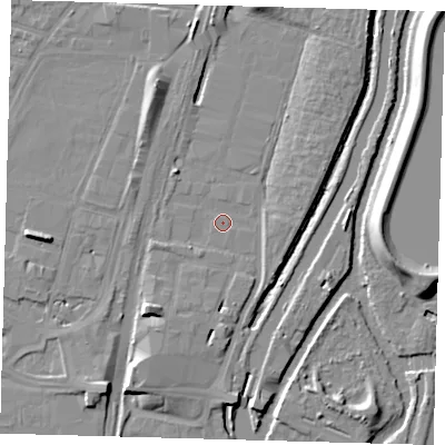 Shaded relief map of the ground around N179QP, computed from Environment Agency LiDAR. The ground here sits at about 9 m above sea level and falls 10 m across the surrounding 800 m. Surface water reaching this point runs off ground lying to the south-south-west, 4.8 m higher.