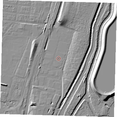 Shaded relief map of the ground around N179QT, computed from Environment Agency LiDAR. The ground here sits at about 8 m above sea level and falls 11 m across the surrounding 800 m. Surface water reaching this point runs off ground lying to the south-south-west, 6.6 m higher.