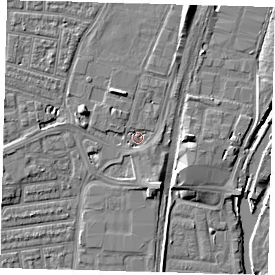 Shaded relief map of the ground around N179QY, computed from Environment Agency LiDAR. The ground here sits at about 8 m above sea level and falls 8 m across the surrounding 800 m. Surface water reaching this point runs off ground lying to the east, 2.5 m higher.