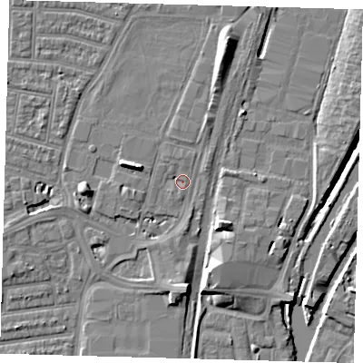 Shaded relief map of the ground around N179QZ, computed from Environment Agency LiDAR. The ground here sits at about 8 m above sea level and falls 8 m across the surrounding 800 m. Surface water reaching this point runs off ground lying to the west-north-west, 5.4 m higher.