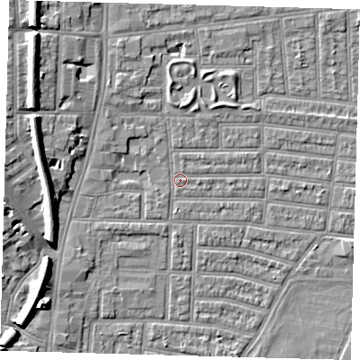 Shaded relief map of the ground around N179RA, computed from Environment Agency LiDAR. The ground here sits at about 10 m above sea level and falls 10 m across the surrounding 800 m. Surface water reaching this point runs off ground lying to the north-west, 8.4 m higher.