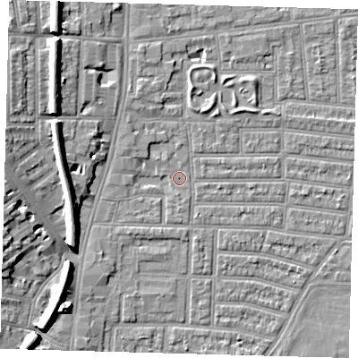 Shaded relief map of the ground around N179RB, computed from Environment Agency LiDAR. The ground here sits at about 9 m above sea level and falls 10 m across the surrounding 800 m. Surface water reaching this point runs off ground lying to the north-west, 8.4 m higher.