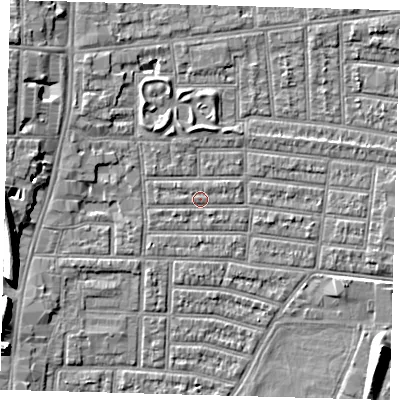 Shaded relief map of the ground around N179RE, computed from Environment Agency LiDAR. The ground here sits at about 10 m above sea level and falls 9 m across the surrounding 800 m. Surface water reaching this point runs off ground lying to the west, 0.7 m higher.