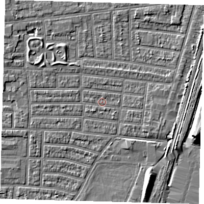 Shaded relief map of the ground around N179RG, computed from Environment Agency LiDAR. The ground here sits at about 9 m above sea level and falls 9 m across the surrounding 800 m. Surface water reaching this point runs off ground lying to the west-north-west, 2.3 m higher.