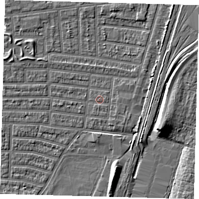 Shaded relief map of the ground around N179RH, computed from Environment Agency LiDAR. The ground here sits at about 9 m above sea level and falls 9 m across the surrounding 800 m. Surface water reaching this point runs off ground lying to the east, 0.7 m higher.
