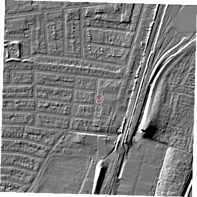 Shaded relief map of the ground around N179RJ, computed from Environment Agency LiDAR. The ground here sits at about 9 m above sea level and falls 9 m across the surrounding 800 m. Surface water reaching this point runs off ground lying to the south-east, 0.6 m higher.
