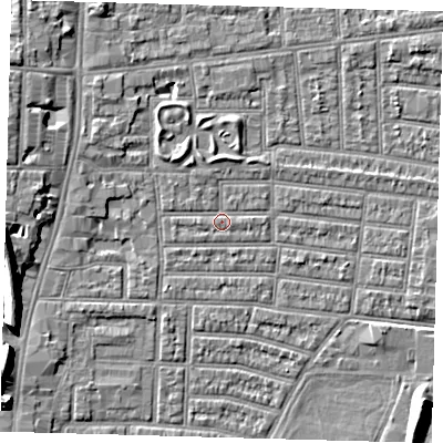 Shaded relief map of the ground around N179RN, computed from Environment Agency LiDAR. The ground here sits at about 10 m above sea level and falls 8 m across the surrounding 800 m. Surface water reaching this point runs off ground lying to the north-west, 2.0 m higher.