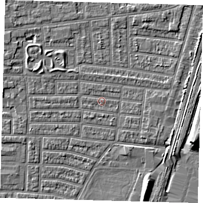 Shaded relief map of the ground around N179RP, computed from Environment Agency LiDAR. The ground here sits at about 9 m above sea level and falls 9 m across the surrounding 800 m. Surface water reaching this point runs off ground lying to the north-west, 1.9 m higher.