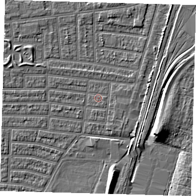Shaded relief map of the ground around N179RR, computed from Environment Agency LiDAR. The ground here sits at about 9 m above sea level and falls 9 m across the surrounding 800 m. Surface water reaching this point runs off ground lying to the south-east, 0.6 m higher.