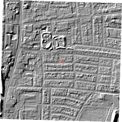Shaded relief map of the ground around N179RS, computed from Environment Agency LiDAR. The ground here sits at about 9 m above sea level and falls 8 m across the surrounding 800 m. Surface water reaching this point runs off ground lying to the north-west, 2.0 m higher.
