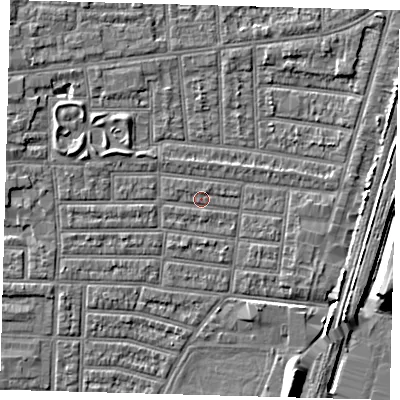 Shaded relief map of the ground around N179RT, computed from Environment Agency LiDAR. The ground here sits at about 9 m above sea level and falls 9 m across the surrounding 800 m. Surface water reaching this point runs off ground lying to the west-north-west, 1.9 m higher.