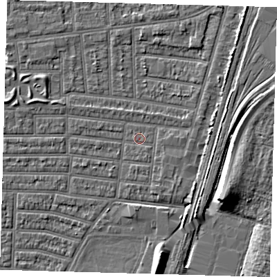 Shaded relief map of the ground around N179RU, computed from Environment Agency LiDAR. The ground here sits at about 9 m above sea level and falls 9 m across the surrounding 800 m. Surface water reaching this point runs off ground lying to the south-south-east, 0.6 m higher.