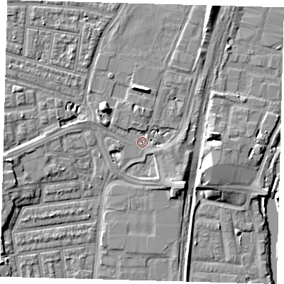 Shaded relief map of the ground around N179RW, computed from Environment Agency LiDAR. The ground here sits at about 8 m above sea level and falls 8 m across the surrounding 800 m. Surface water reaching this point runs off ground lying to the north-west, 4.5 m higher.