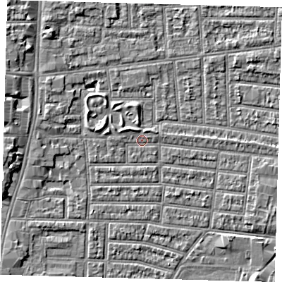 Shaded relief map of the ground around N179RY, computed from Environment Agency LiDAR. The ground here sits at about 10 m above sea level and falls 5 m across the surrounding 800 m. Surface water reaching this point runs off ground lying to the north-north-west, 1.5 m higher.