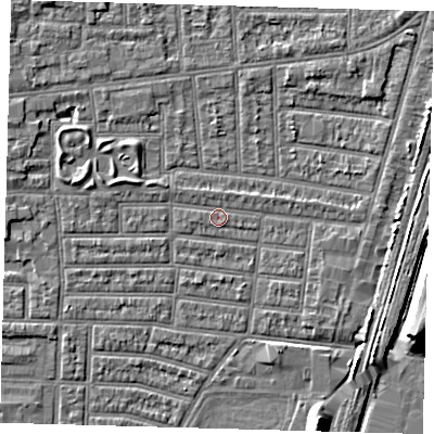 Shaded relief map of the ground around N179SA, computed from Environment Agency LiDAR. The ground here sits at about 9 m above sea level and falls 9 m across the surrounding 800 m. Surface water reaching this point runs off ground lying to the west-north-west, 0.8 m higher.