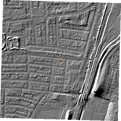 Shaded relief map of the ground around N179SB, computed from Environment Agency LiDAR. The ground here sits at about 9 m above sea level and falls 9 m across the surrounding 800 m. Surface water reaching this point runs off ground lying to the east, 3.8 m higher.