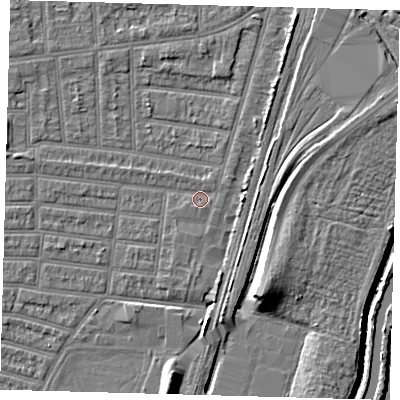 Shaded relief map of the ground around N179SD, computed from Environment Agency LiDAR. The ground here sits at about 9 m above sea level and falls 10 m across the surrounding 800 m. Surface water reaching this point runs off ground lying to the east-north-east, 4.6 m higher.