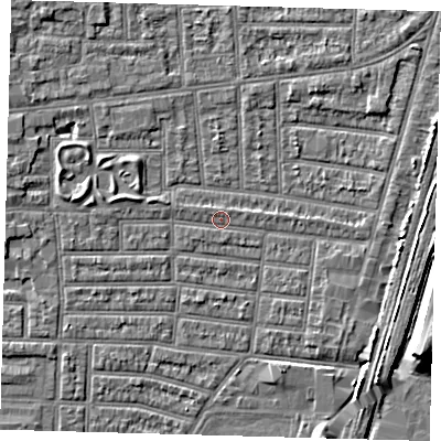 Shaded relief map of the ground around N179SE, computed from Environment Agency LiDAR. The ground here sits at about 9 m above sea level and falls 9 m across the surrounding 800 m. Surface water reaching this point runs off ground lying to the west-north-west, 0.8 m higher.