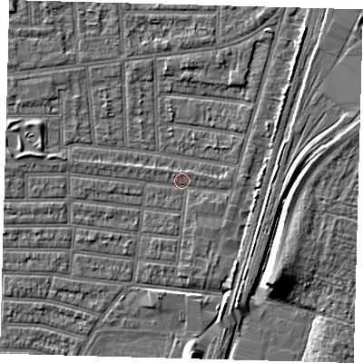 Shaded relief map of the ground around N179SG, computed from Environment Agency LiDAR. The ground here sits at about 9 m above sea level and falls 9 m across the surrounding 800 m. Surface water reaching this point runs off ground lying to the east, 3.8 m higher.