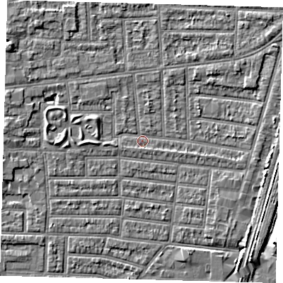 Shaded relief map of the ground around N179SH, computed from Environment Agency LiDAR. The ground here sits at about 9 m above sea level and falls 8 m across the surrounding 800 m. Surface water reaching this point runs off ground lying to the east, 1.9 m higher.