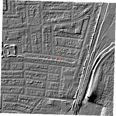 Shaded relief map of the ground around N179SJ, computed from Environment Agency LiDAR. The ground here sits at about 9 m above sea level and falls 9 m across the surrounding 800 m. Surface water reaching this point runs off ground lying to the east-north-east, 1.8 m higher.