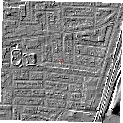 Shaded relief map of the ground around N179SL, computed from Environment Agency LiDAR. The ground here sits at about 9 m above sea level and falls 9 m across the surrounding 800 m. Surface water reaching this point runs off ground lying to the east, 1.9 m higher.