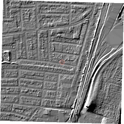 Shaded relief map of the ground around N179SP, computed from Environment Agency LiDAR. The ground here sits at about 9 m above sea level and falls 10 m across the surrounding 800 m. Surface water reaching this point runs off ground lying to the east-north-east, 2.3 m higher.