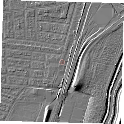 Shaded relief map of the ground around N179SR, computed from Environment Agency LiDAR. The ground here sits at about 9 m above sea level and falls 10 m across the surrounding 800 m. Surface water reaching this point runs off ground lying to the north-east, 3.8 m higher.
