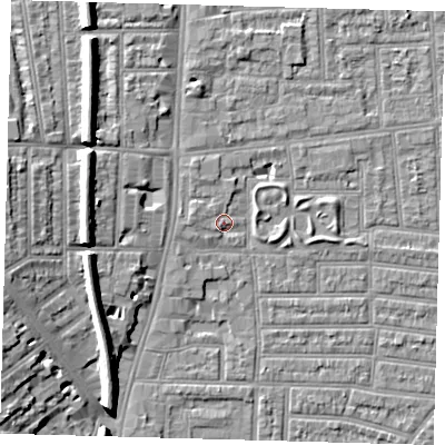 Shaded relief map of the ground around N179UD, computed from Environment Agency LiDAR. The ground here sits at about 11 m above sea level and falls 10 m across the surrounding 800 m. Surface water reaching this point runs off ground lying to the west-north-west, 1.4 m higher.
