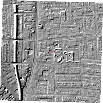 Shaded relief map of the ground around N179UE, computed from Environment Agency LiDAR. The ground here sits at about 10 m above sea level and falls 10 m across the surrounding 800 m. Surface water reaching this point runs off ground lying to the west-south-west, 1.9 m higher.