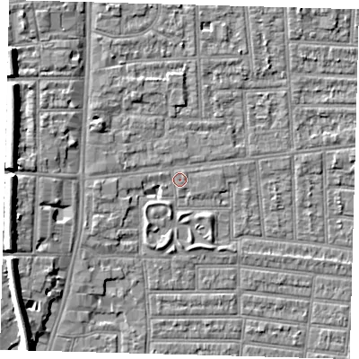 Shaded relief map of the ground around N179UF, computed from Environment Agency LiDAR. The ground here sits at about 10 m above sea level and falls 9 m across the surrounding 800 m. Surface water reaching this point runs off ground lying to the west, 7.8 m higher.