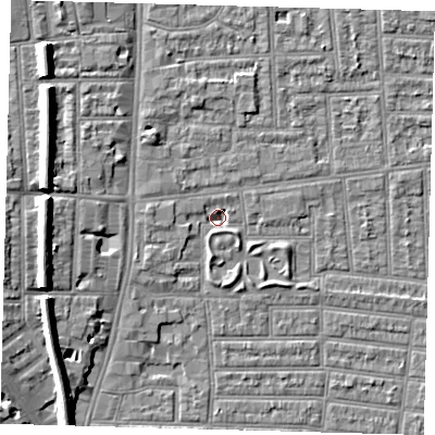 Shaded relief map of the ground around N179UG, computed from Environment Agency LiDAR. The ground here sits at about 9 m above sea level and falls 9 m across the surrounding 800 m. Surface water reaching this point runs off ground lying to the west-south-west, 3.0 m higher.