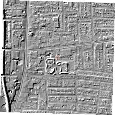Shaded relief map of the ground around N179UH, computed from Environment Agency LiDAR. The ground here sits at about 10 m above sea level and falls 10 m across the surrounding 800 m. Surface water reaching this point runs off ground lying to the west-north-west, 8.9 m higher.