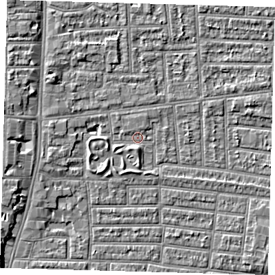 Shaded relief map of the ground around N179UN, computed from Environment Agency LiDAR. The ground here sits at about 10 m above sea level and falls 8 m across the surrounding 800 m. Surface water reaching this point runs off ground lying to the west, 4.6 m higher.