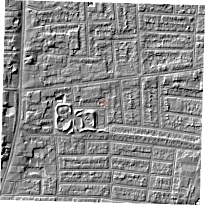 Shaded relief map of the ground around N179UP, computed from Environment Agency LiDAR. The ground here sits at about 9 m above sea level and falls 4 m across the surrounding 800 m. Surface water reaching this point runs off ground lying to the west-north-west, 4.2 m higher.