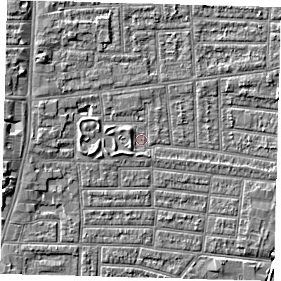 Shaded relief map of the ground around N179UQ, computed from Environment Agency LiDAR. The ground here sits at about 9 m above sea level and falls 5 m across the surrounding 800 m. Surface water reaching this point runs off ground lying to the west-north-west, 4.2 m higher.