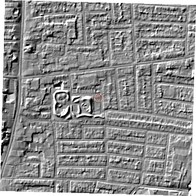 Shaded relief map of the ground around N179UR, computed from Environment Agency LiDAR. The ground here sits at about 9 m above sea level and falls 5 m across the surrounding 800 m. Surface water reaching this point runs off ground lying to the west-north-west, 4.2 m higher.