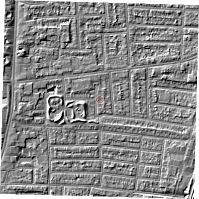 Shaded relief map of the ground around N179UT, computed from Environment Agency LiDAR. The ground here sits at about 9 m above sea level and falls 5 m across the surrounding 800 m. Surface water reaching this point runs off ground lying to the west-north-west, 3.7 m higher.